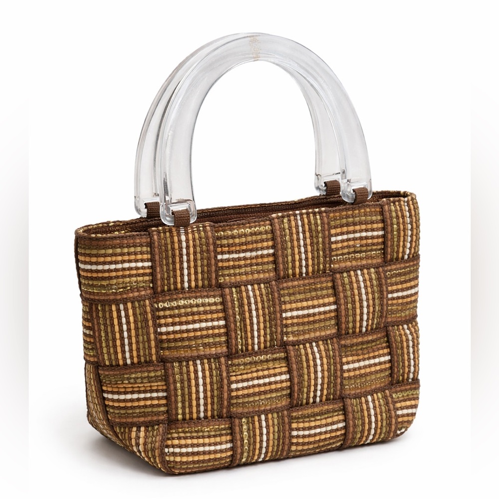 M & G Bertini Vintage Woven Paperbag Purse Lucite Handles Made in Italy 11.5”